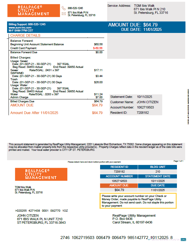 download Russia Realpage Utility Management utility bill template in Word and PDF formats PDF template
